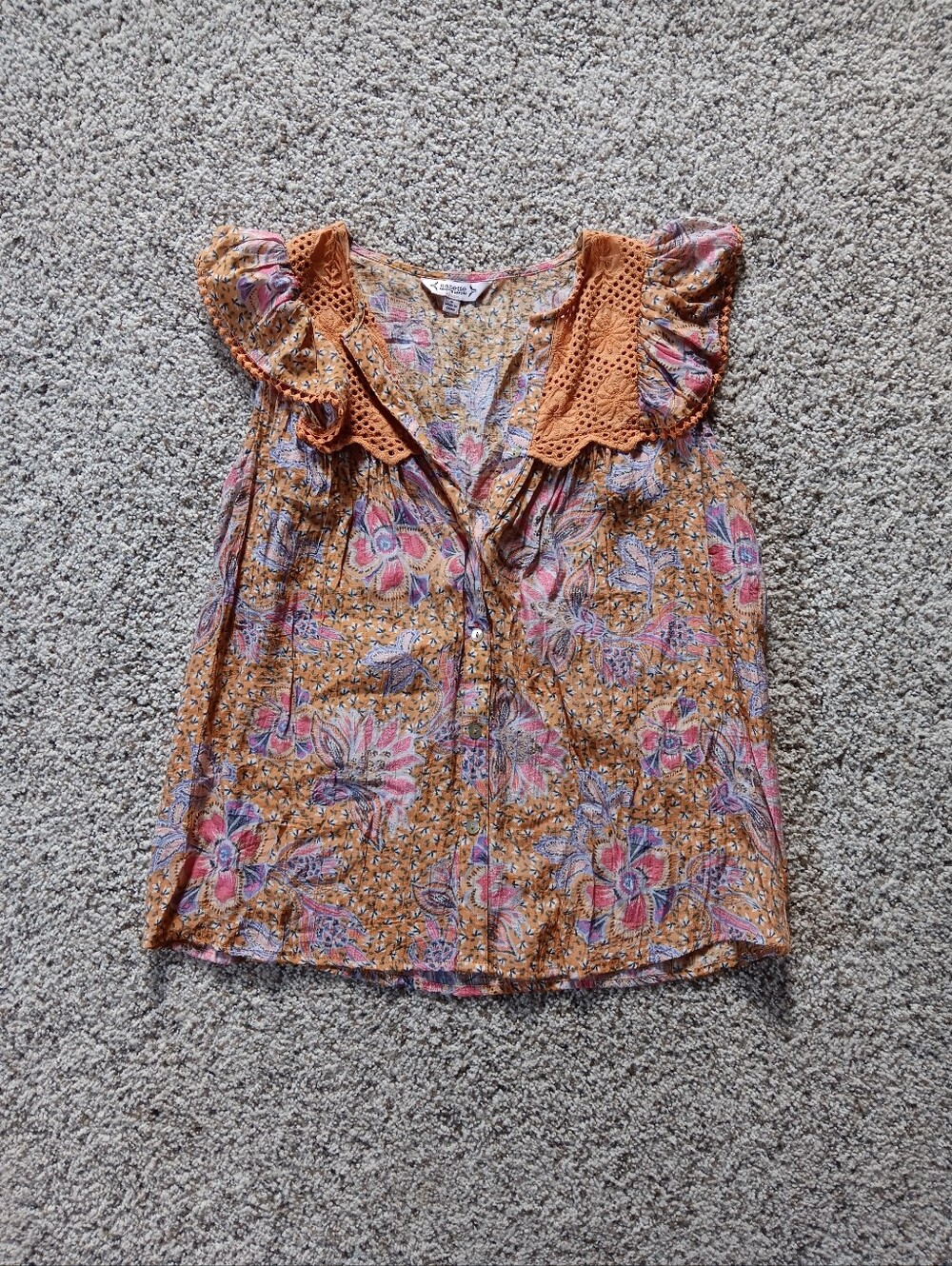 Nanette Lepore Yellow Pink Floral Eyelet Ruffle Blouse Women Small